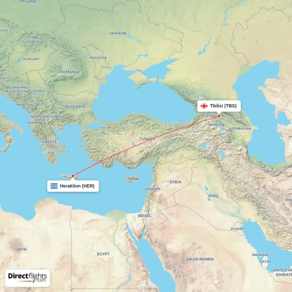 Heraklion - Tbilisi direct flight map