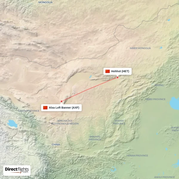Hohhot - Alxa Left Banner direct flight map