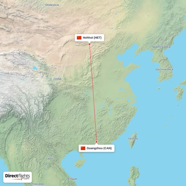 Hohhot - Guangzhou direct flight map