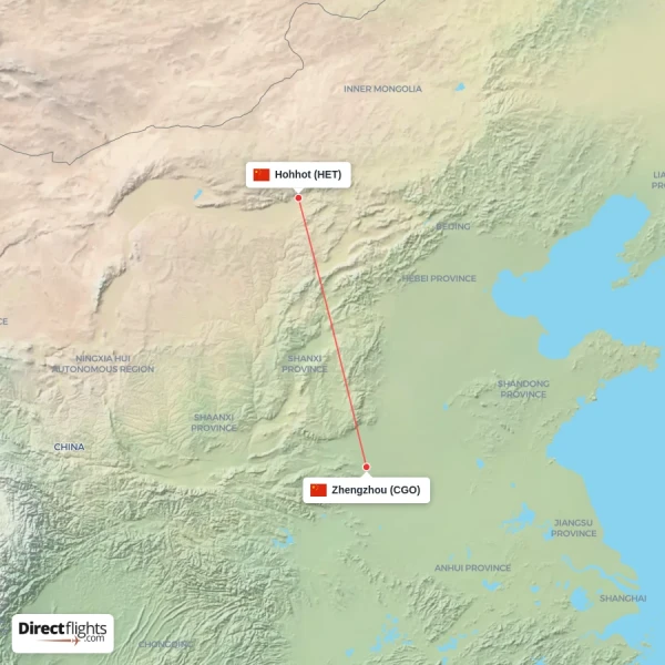 Hohhot - Zhengzhou direct flight map