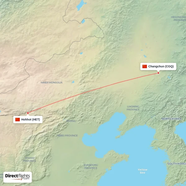 Hohhot - Changchun direct flight map