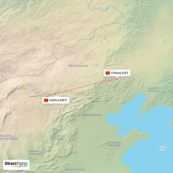 Hohhot - Chifeng direct flight map