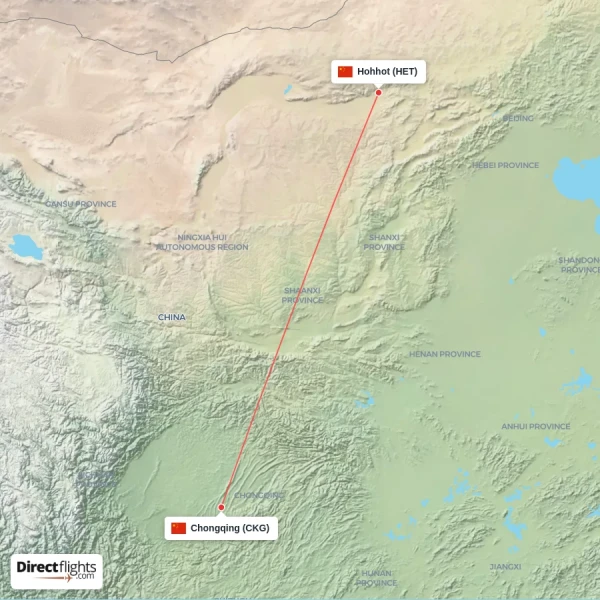 Hohhot - Chongqing direct flight map