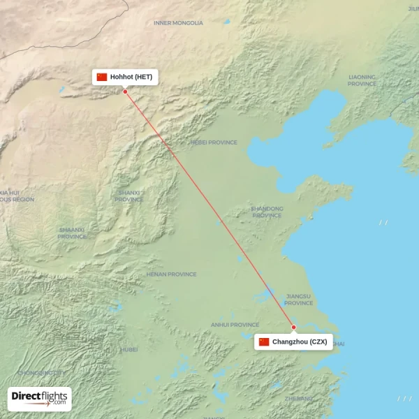 Hohhot - Changzhou direct flight map