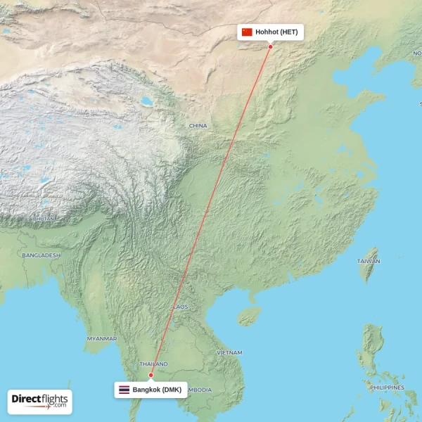 Hohhot - Bangkok direct flight map