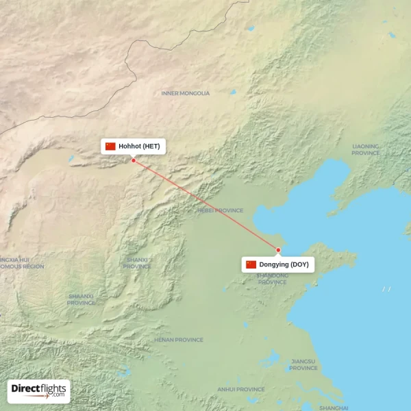 Hohhot - Dongying direct flight map