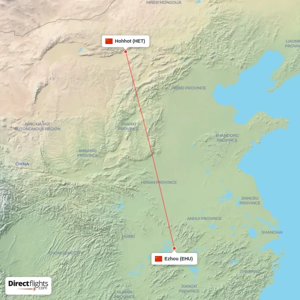 Hohhot - Ezhou direct flight map