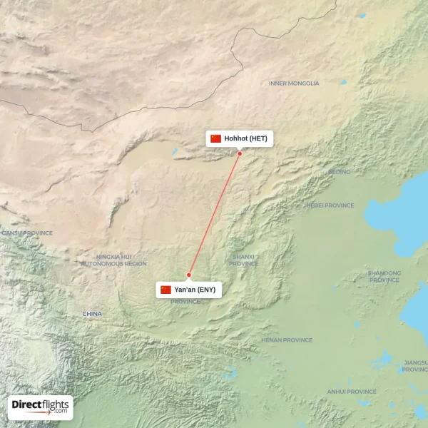 Hohhot - Yan'an direct flight map
