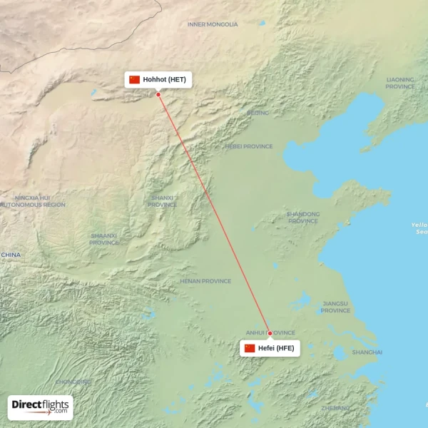 Hohhot - Hefei direct flight map