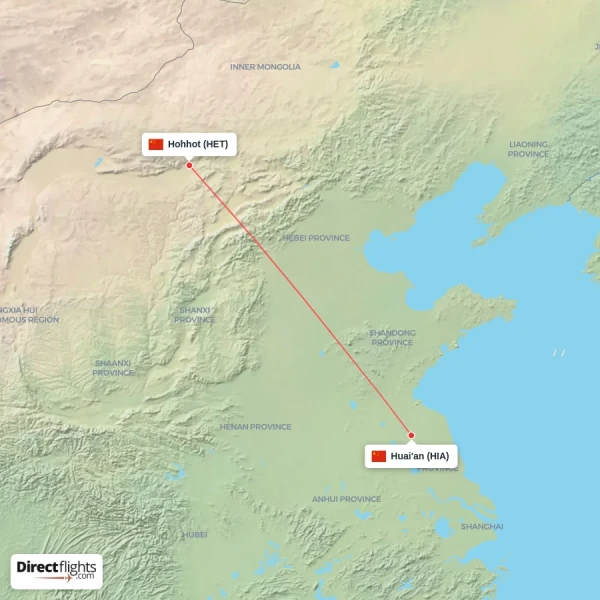Hohhot - Huai'an direct flight map