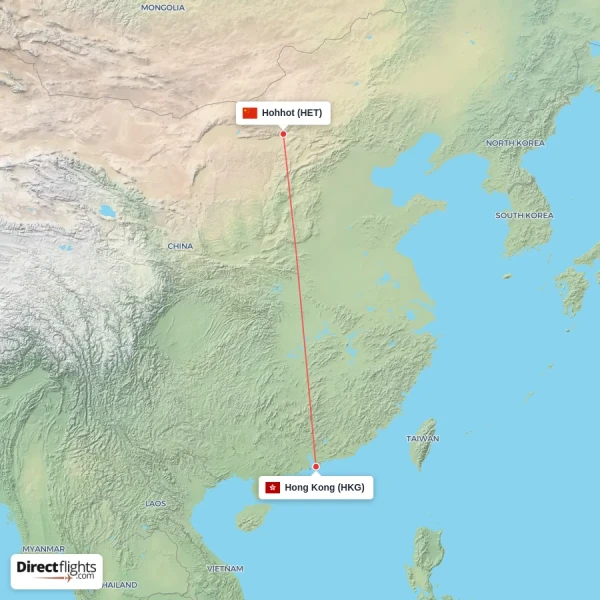 Hohhot - Hong Kong direct flight map