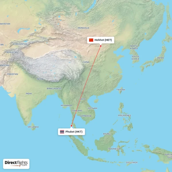 Hohhot - Phuket direct flight map
