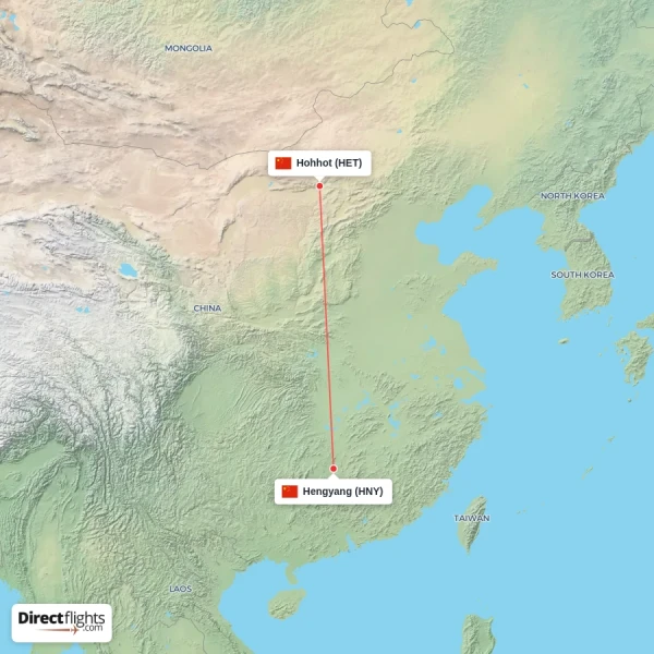 Hohhot - Hengyang direct flight map