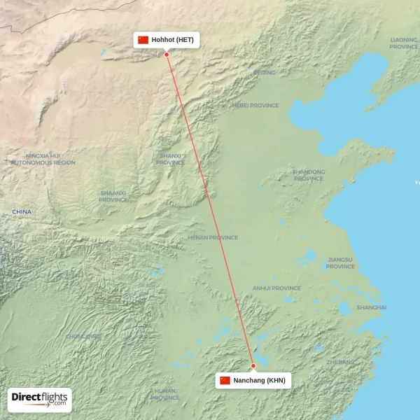 Hohhot - Nanchang direct flight map