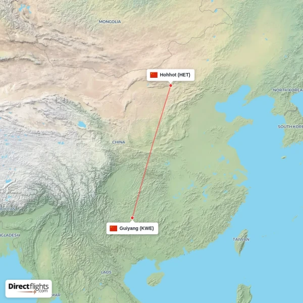 Hohhot - Guiyang direct flight map