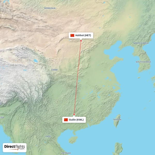 Hohhot - Guilin direct flight map