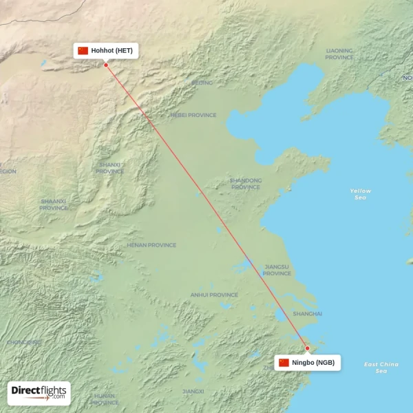 Hohhot - Ningbo direct flight map