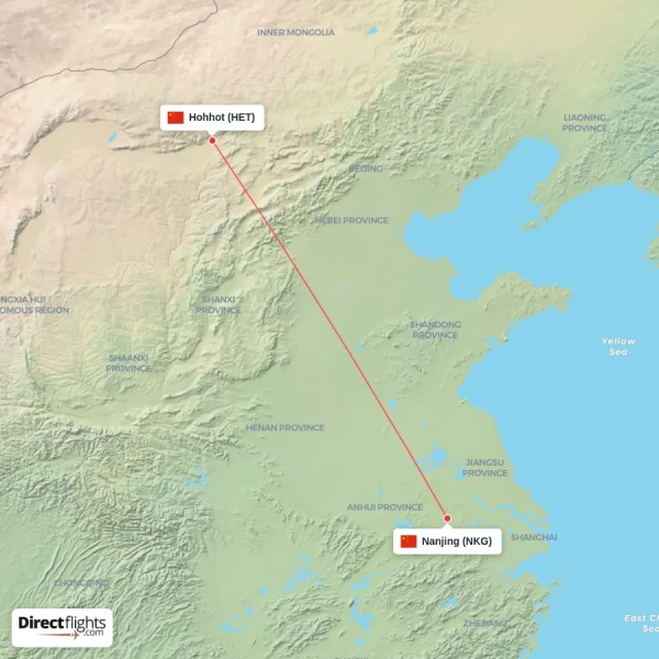 Hohhot - Nanjing direct flight map
