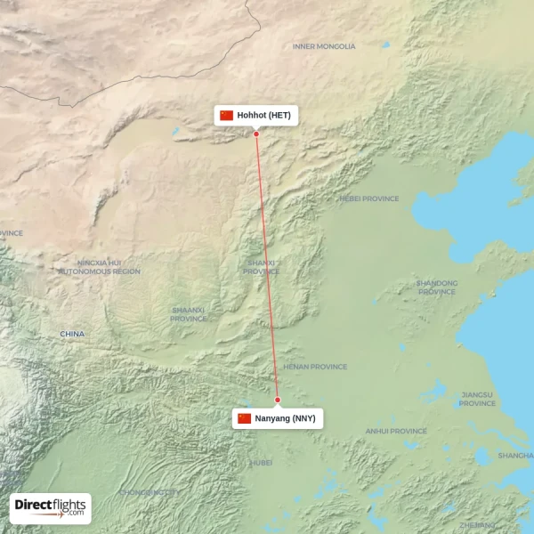 Hohhot - Nanyang direct flight map