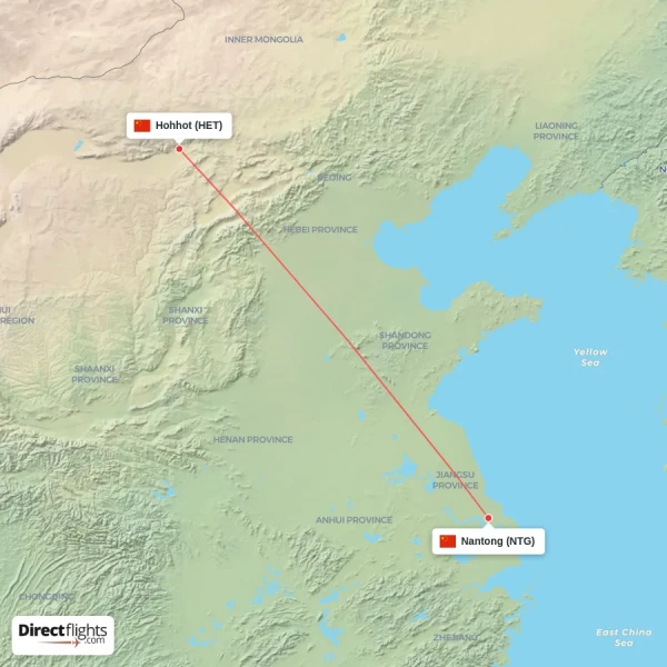 Hohhot - Nantong direct flight map