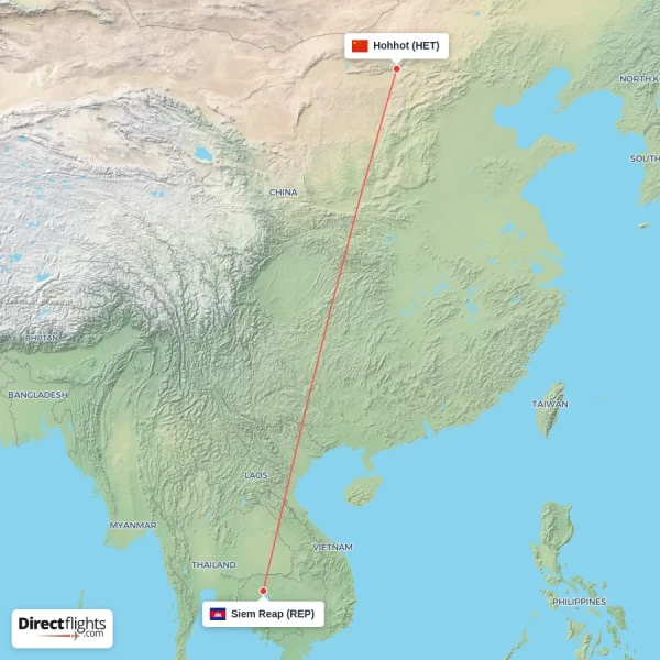 Hohhot - Siem Reap direct flight map