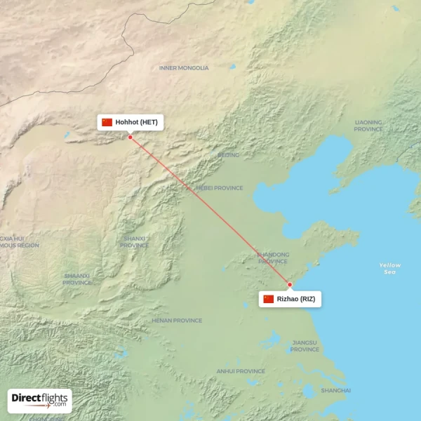 Hohhot - Rizhao direct flight map