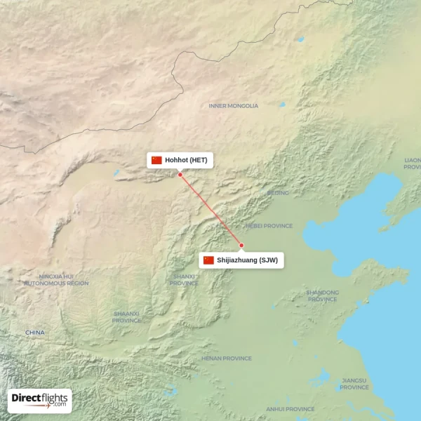 Hohhot - Shijiazhuang direct flight map