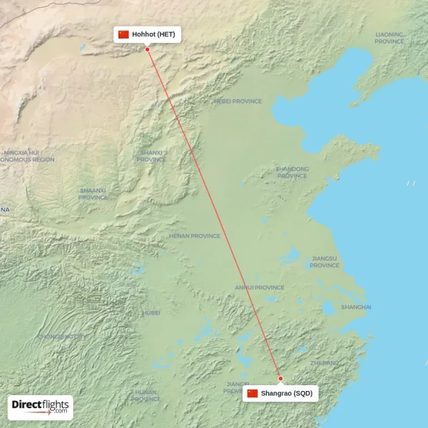 Hohhot - Shangrao direct flight map