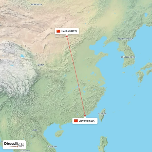 Hohhot - Jieyang direct flight map