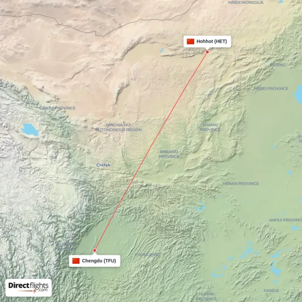 Hohhot - Chengdu direct flight map