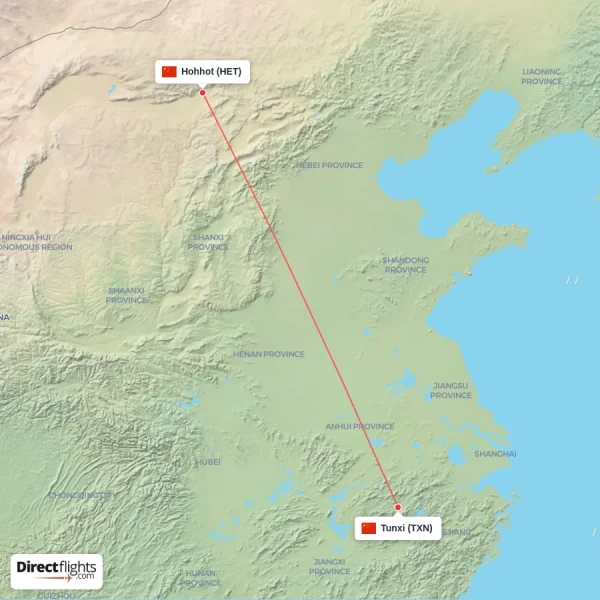 Hohhot - Tunxi direct flight map