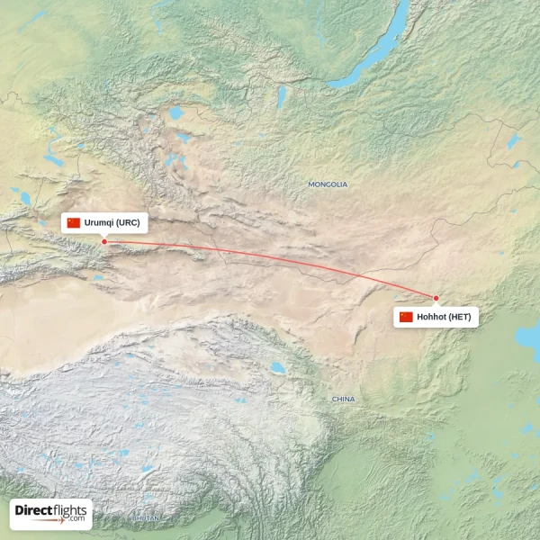 Hohhot - Urumqi direct flight map