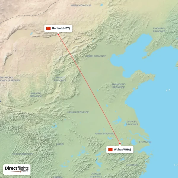 Hohhot - Wuhu direct flight map