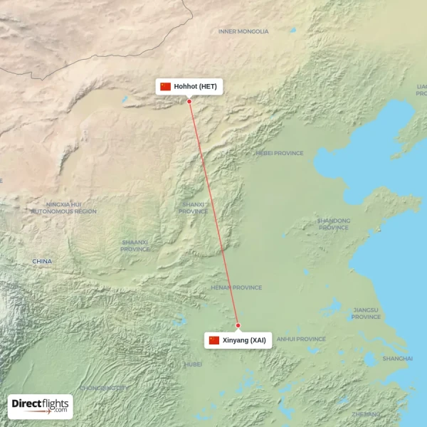 Hohhot - Xinyang direct flight map
