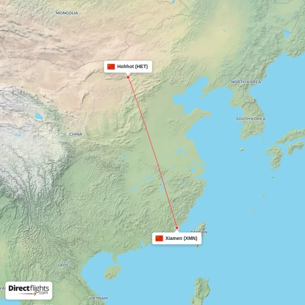 Hohhot - Xiamen direct flight map