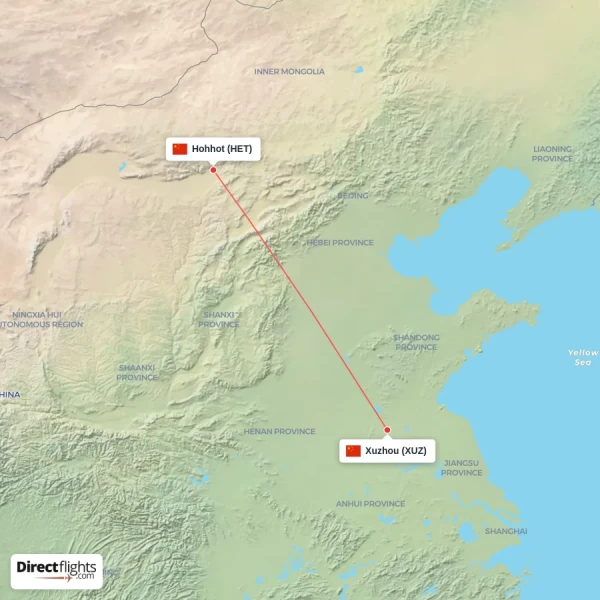Hohhot - Xuzhou direct flight map