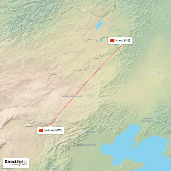 Hohhot - Arxan direct flight map