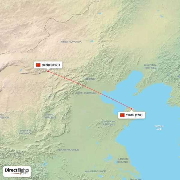 Hohhot - Yantai direct flight map