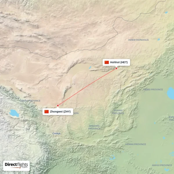 Hohhot - Zhongwei direct flight map