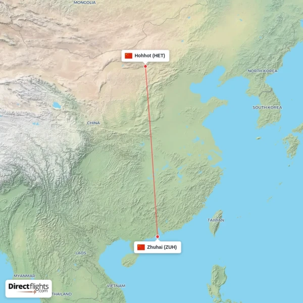 Hohhot - Zhuhai direct flight map