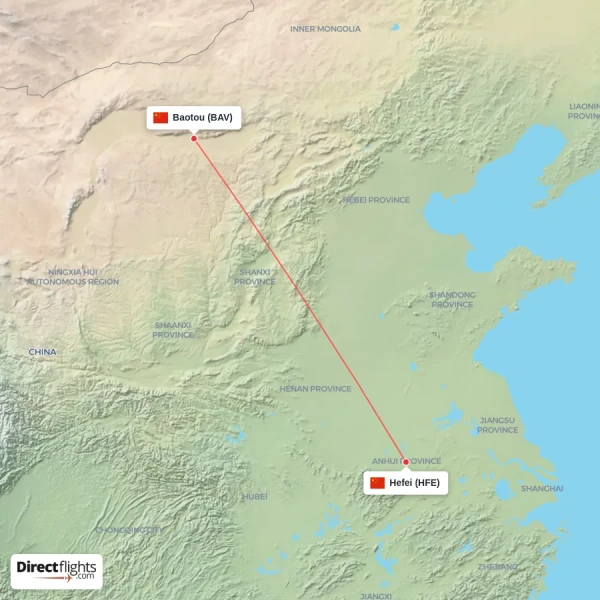 Hefei - Baotou direct flight map