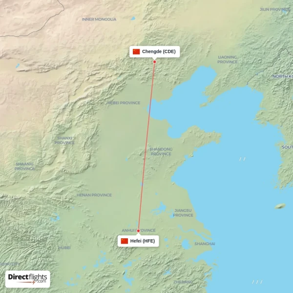 Hefei - Chengde direct flight map