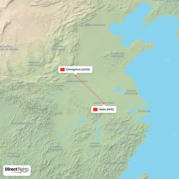 Hefei - Zhengzhou direct flight map