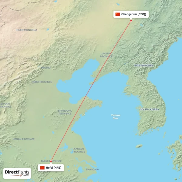 Hefei - Changchun direct flight map