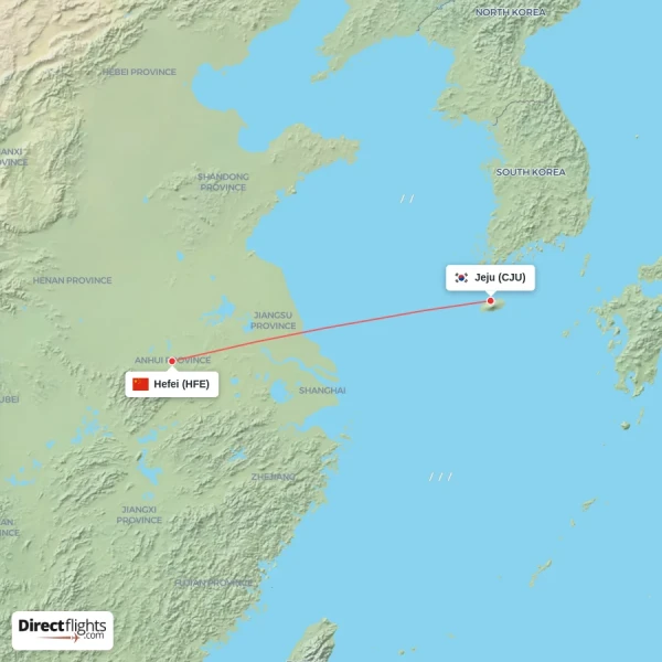 Hefei - Jeju direct flight map