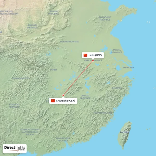 Hefei - Changsha direct flight map
