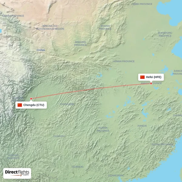 Hefei - Chengdu direct flight map