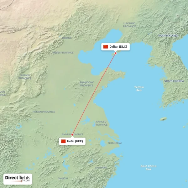 Hefei - Dalian direct flight map
