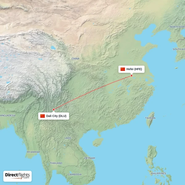 Hefei - Dali City direct flight map