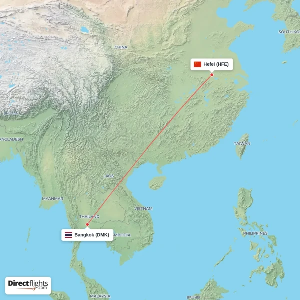 Hefei - Bangkok direct flight map